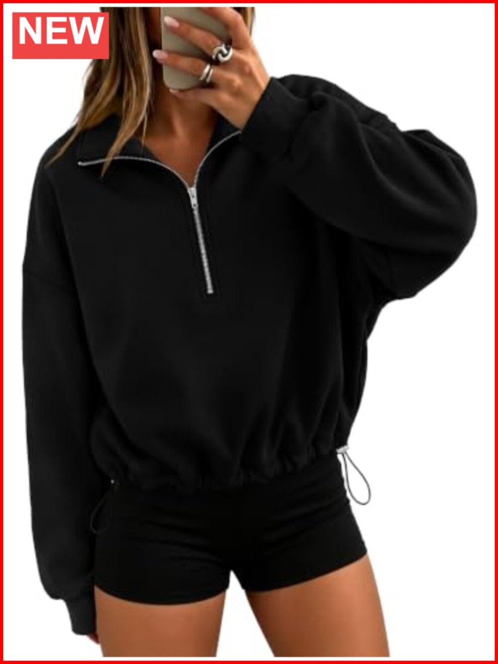 Women's Quarter Zip Fleece Pullover Crop Cinchable Sweatshirt